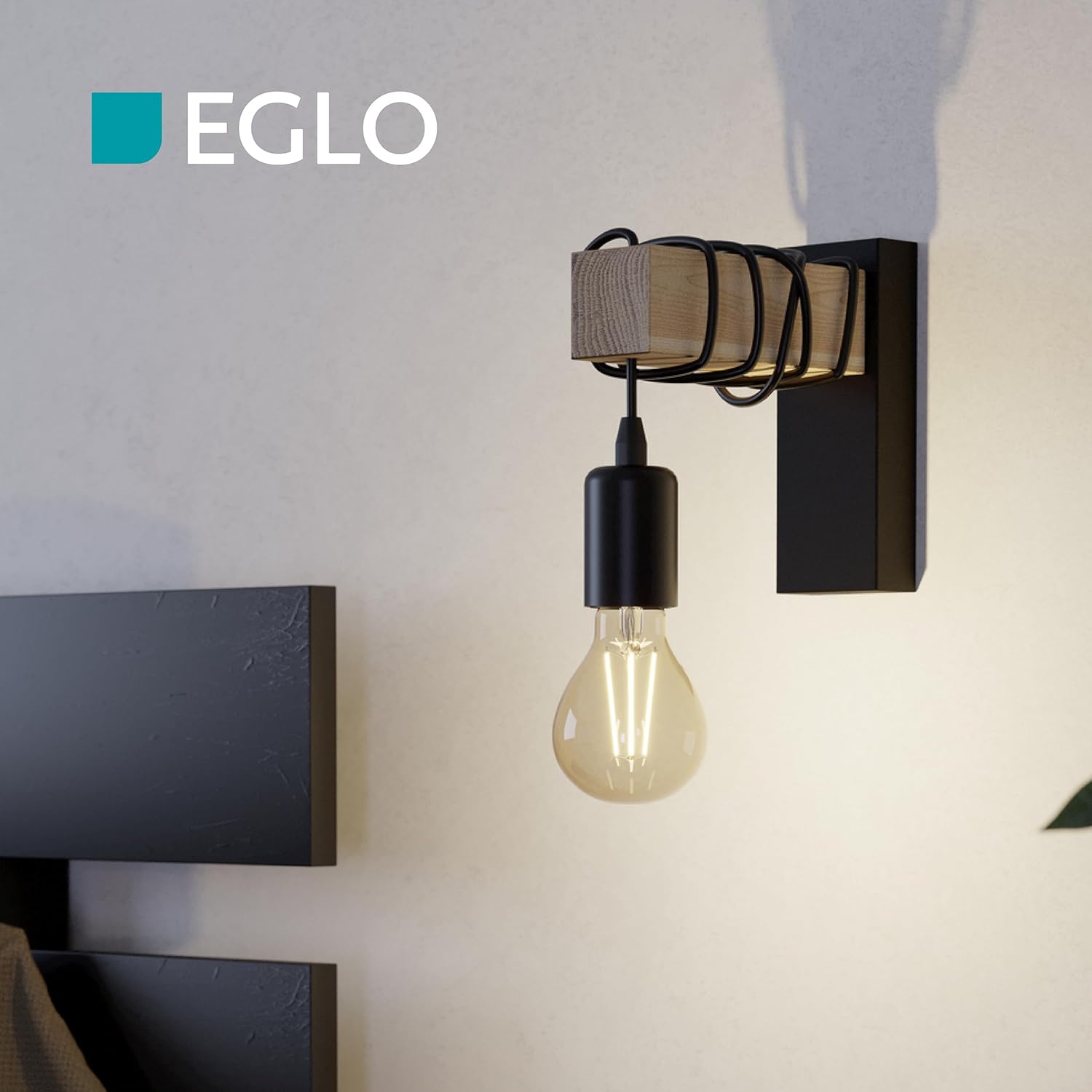 Eglo Lampada da parete design industrial, retrò in acciaio e legno -  E27