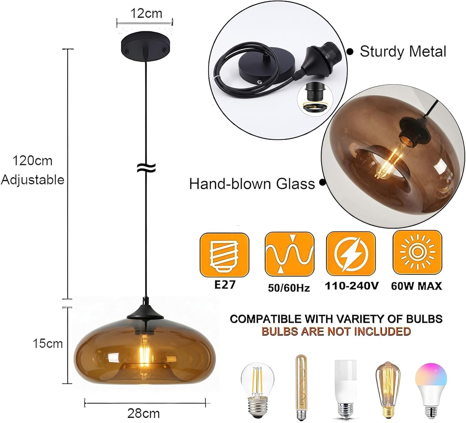 Lampada a sospensione in vetro, E27 con  altezza regolabile
